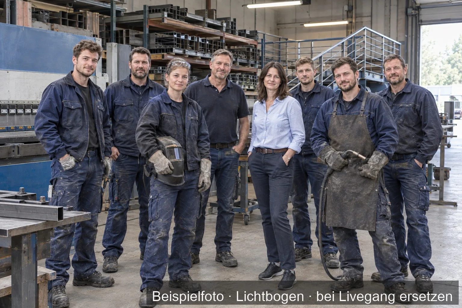 Gruppenbild von acht Personen in Arbeitskleidung in einer Schlosserei, vor einer Abkantpresse und einem Lager mit Stahlprofilen.